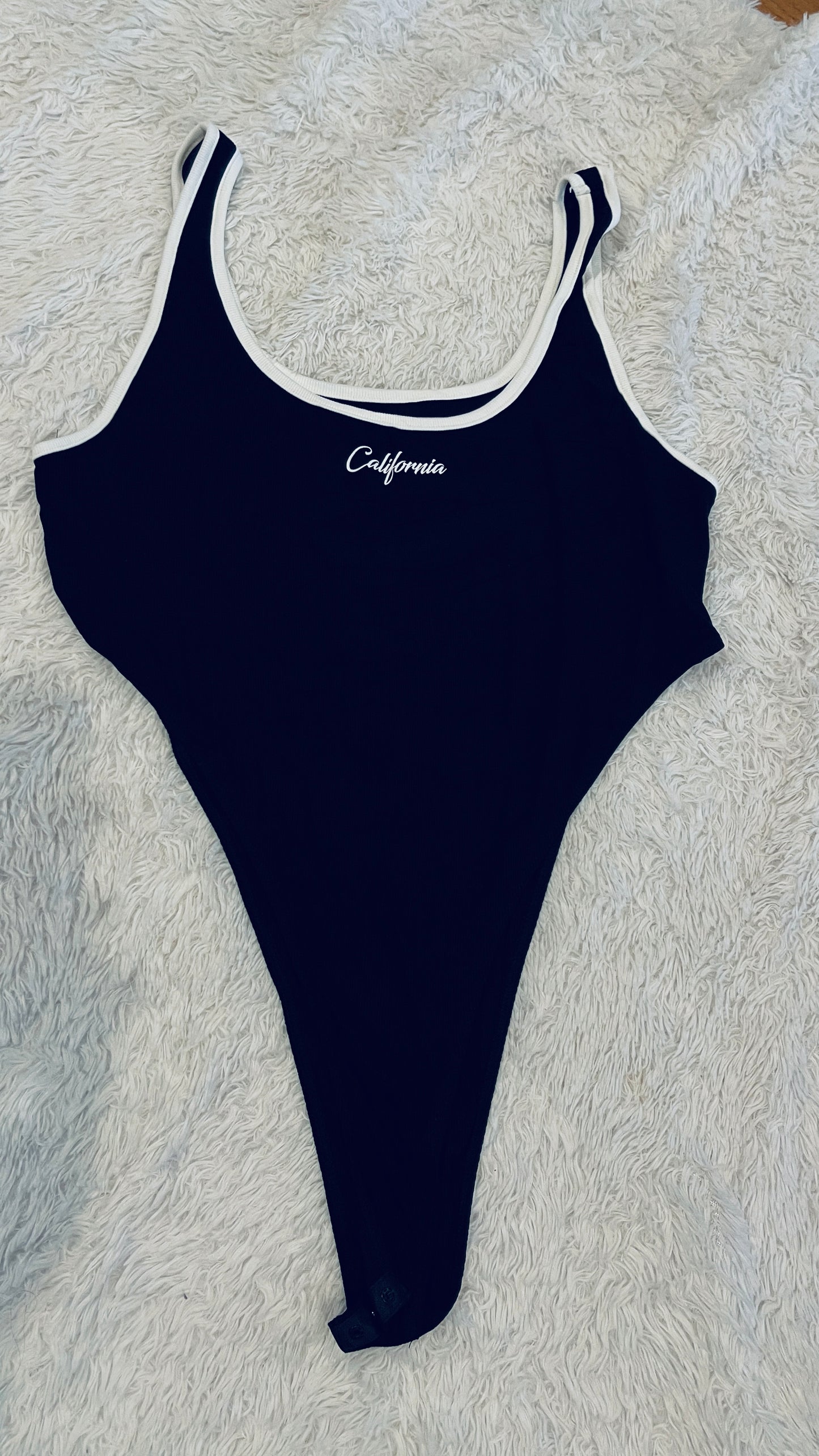 Black Ribbed Stretch Thong Bodysuit with Hot Pink Logo - 3x
