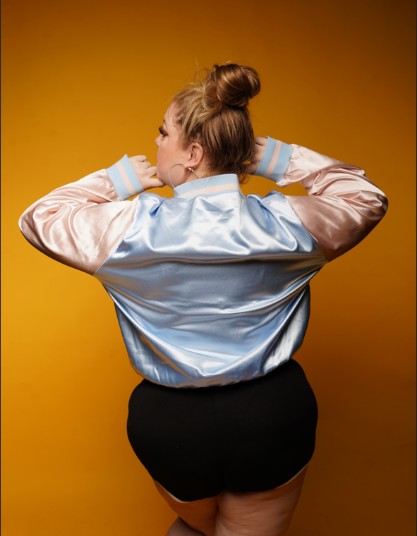 Baby Blue Satin Bomber Jacket with Pale Pink Sleeves and Logo - 3x